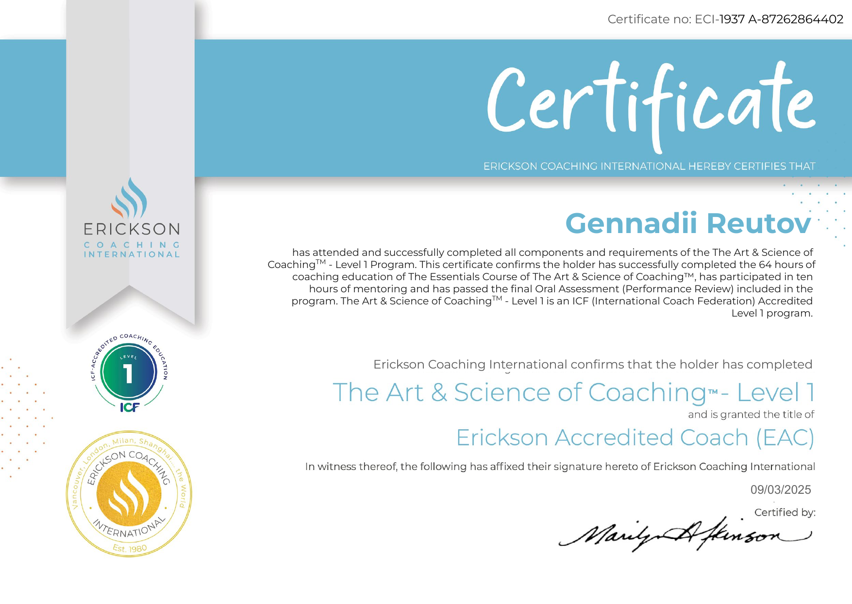 Сертификат Erickson Coaching – The Art & Science of Coaching Level 1